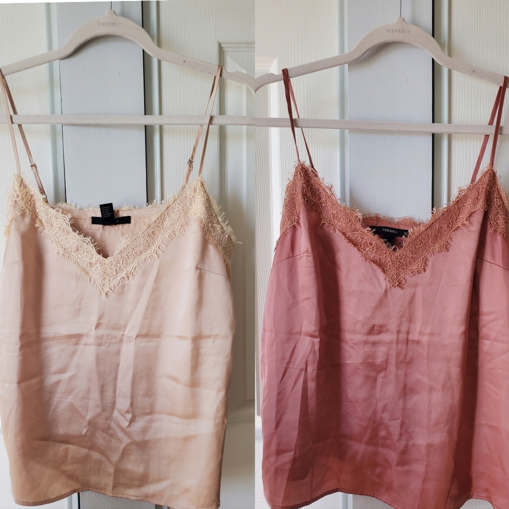Forever 21 satin slip lace trim top bundle rose and champagne size M